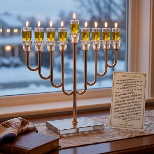 חנוכיית "אור הזהב" מרהיבה 36x32 ס"מ – קנים מעוקלים ובסיס קריסטל