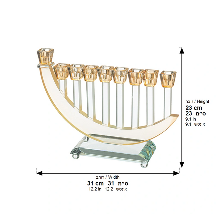 חנוכיית קריסטל מרהיבה 31x23 ס"מ – עיצוב סירה מוזהב עם גביעי ענבר