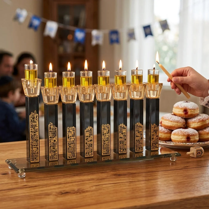 חנוכיית קריסטל מהודרת 16x36 ס"מ – עיטורי ירושלים