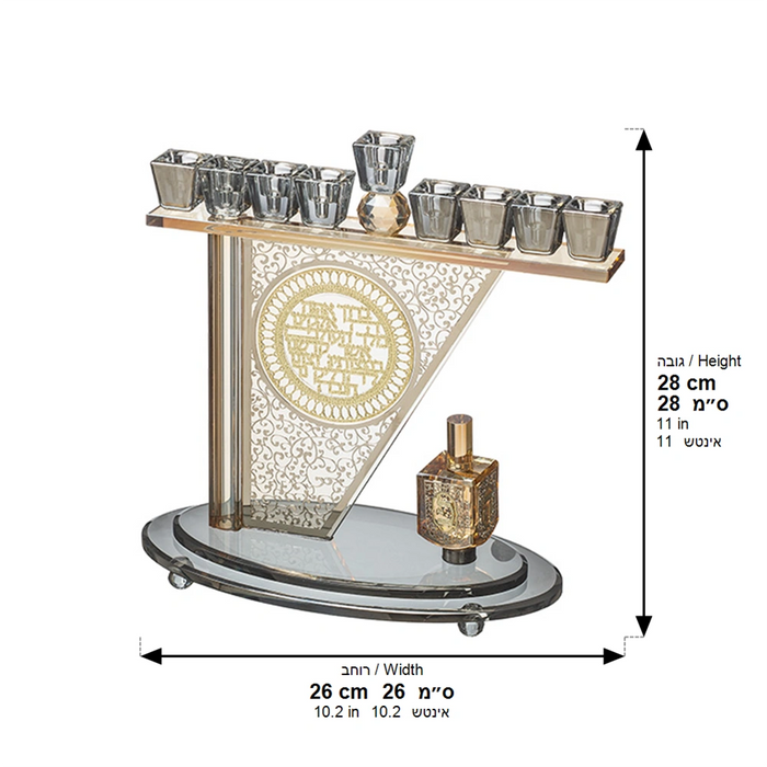 חנוכיית קריסטל מהודרת 28x26 ס"מ – דגם עיטורים וסביבון