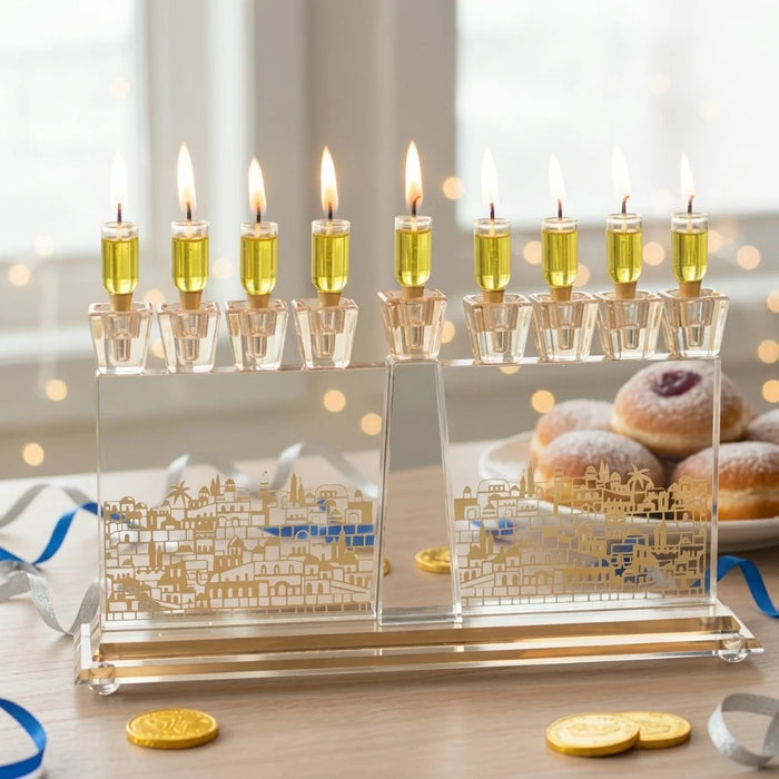 חנוכיית קריסטל מרהיבה 33x20 ס"מ – איור ירושלים מוזהב