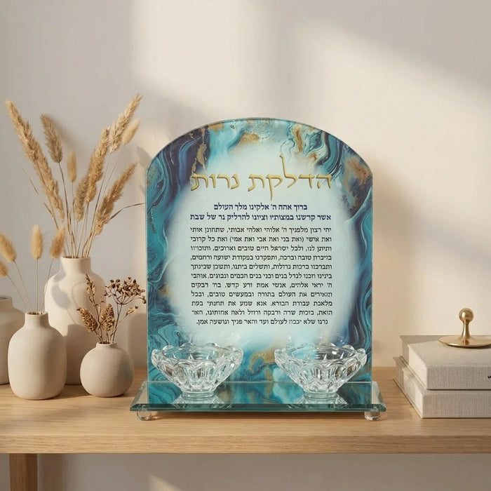 פמוטי זכוכית מהודרים – דגם שיש כחול וזהב