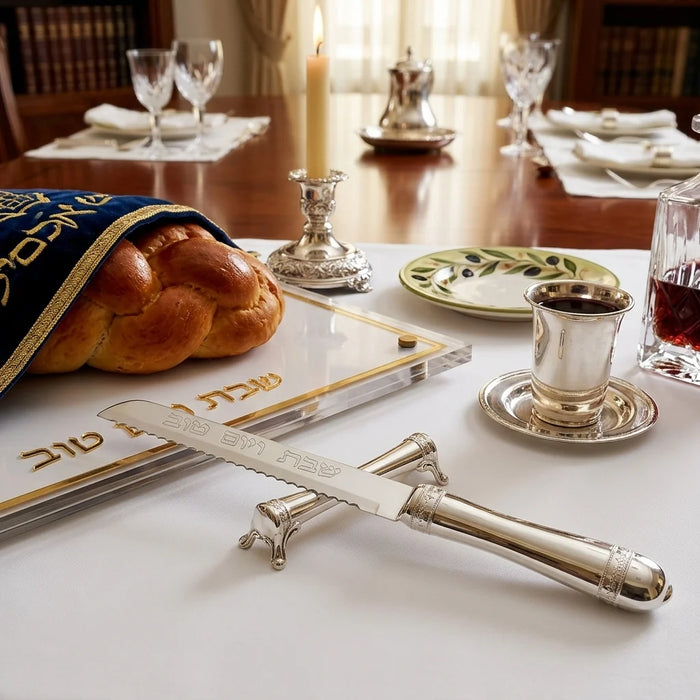 סכין חלה מהודרת ויוקרתית עם ידית מתכת מעוצבת (35 ס"מ)