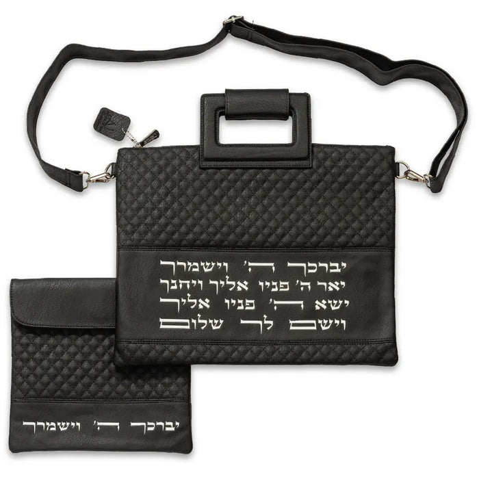 תיק מפואר לטלית דמוי עור שחור אותיות בולטות "יברכך" 36x29 ס"מ