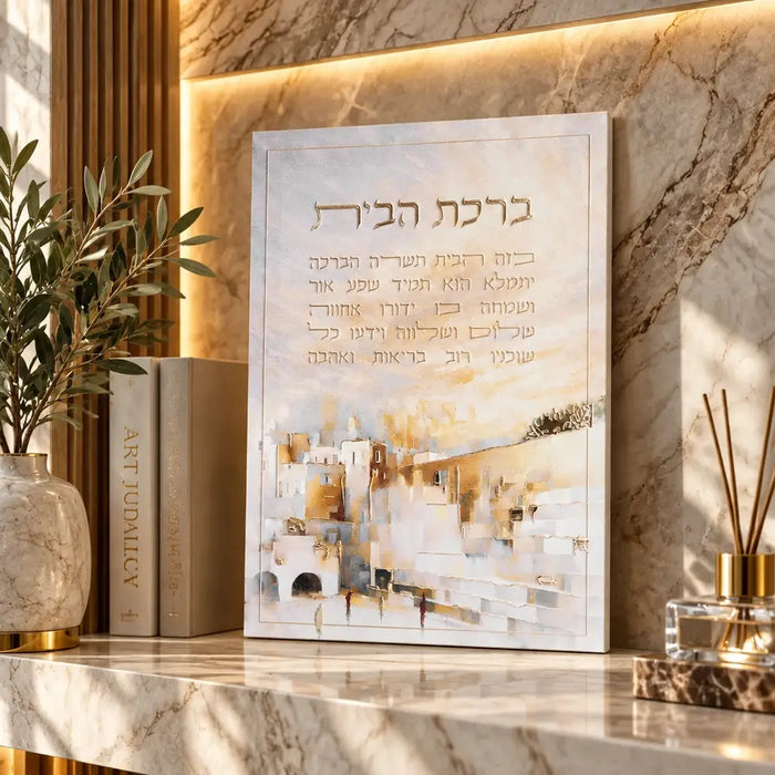 תמונת קנבס מהודרת 25x35 ס"מ – ברכת הבית בעיטור אותיות בולטות וציור ירושלים