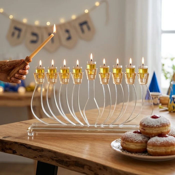 חנוכיית קריסטל מהודרת 19x35 ס"מ – זרועות שקופות