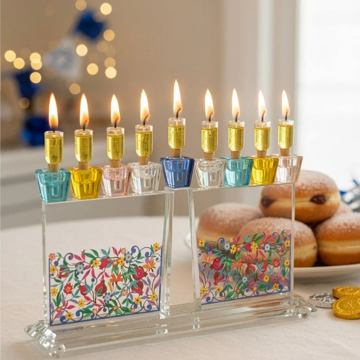 חנוכיית קריסטל צבעונית מהודרת 33x18 ס"מ – דגם פרחים ורימונים