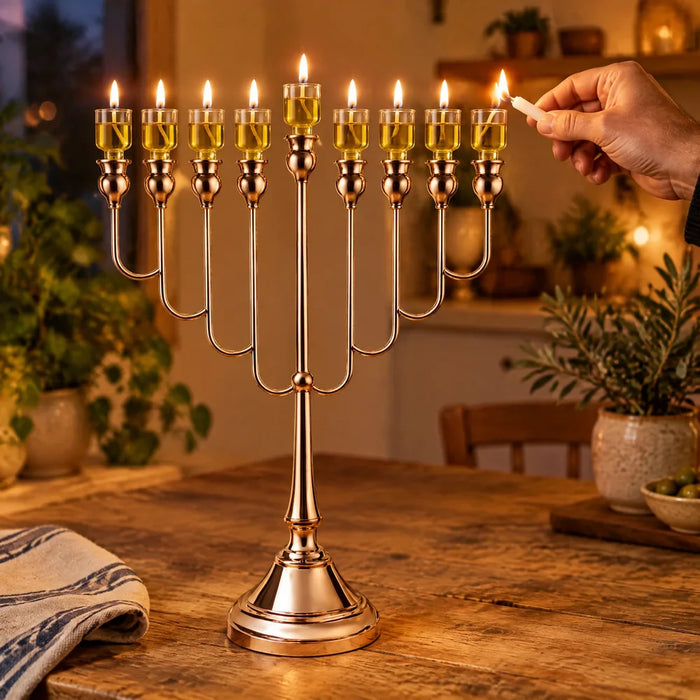 חנוכיית מתכת 64 ס"מ – עיצוב מודרני בגימור רוז גולד יוקרתי