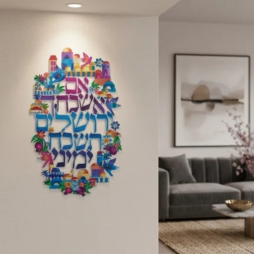 שלט קיר "אם אשכחך ירושלים" ממתכת – דגם ציפורים וירושלים (18x29 ס"מ)