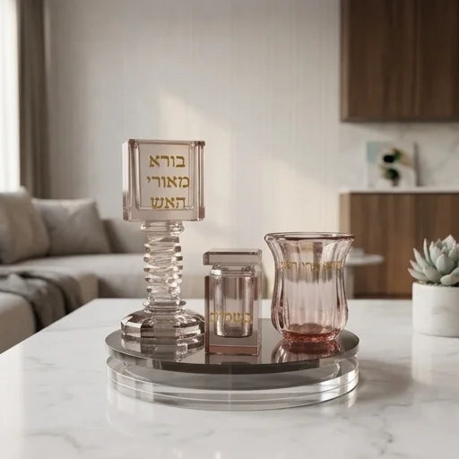 סט הבדלה קריסטל רוז גולד יוקרתי עם מגש מסתובב וכיתובי זהב