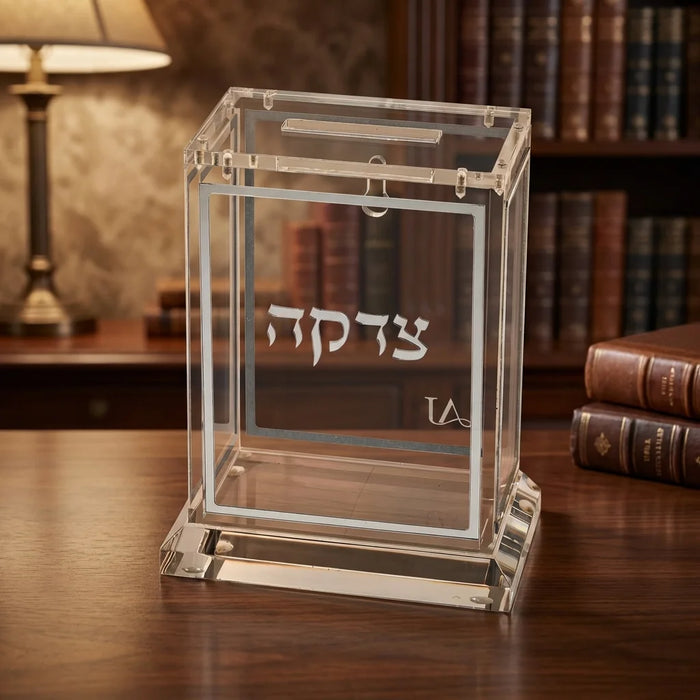 קופת צדקה אקריליק שקוף כסף 13 ס"מ
