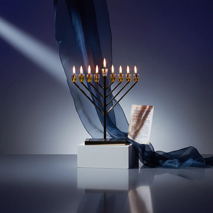 חנוכיית חב"ד קלאסית ממתכת וראשי קריסטל | ציפוי רוז גולד מהודר 36 ס"מ