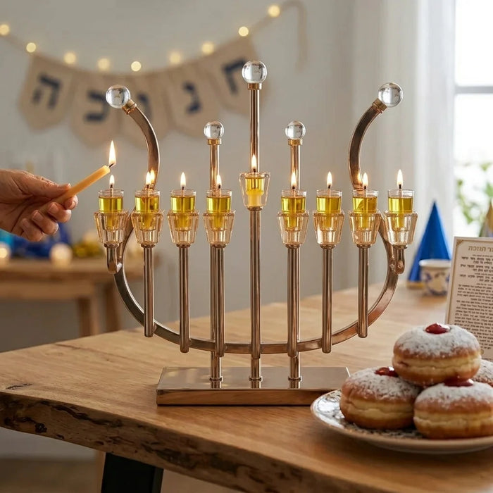 חנוכיית מתכת עם ראשי קריסטל מהודרת ציפוי רוז גולד | דגם נבל מודרני 36 ס"מ