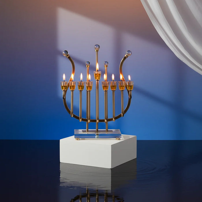 חנוכיית מתכת "נבל" מהודרת קנים ובסיס קריסטל | ציפוי רוז גולד | 36 ס"מ