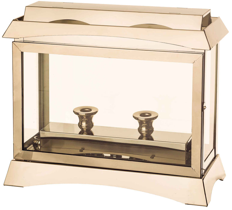 בית חנוכייה מהודר ממתכת וזכוכית בשילוב פמוטים - גוון זהב