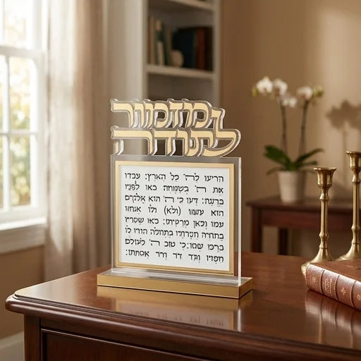 בלוק אקריליק מפואר מזמור לתודה – אותיות חתוכות בזהב (25x20 ס"מ)