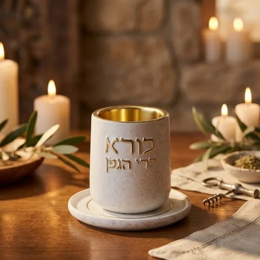 גביע קידוש פולימר בטון לבן שיש עם צלחת - אותיות זהב 8 ס"מ