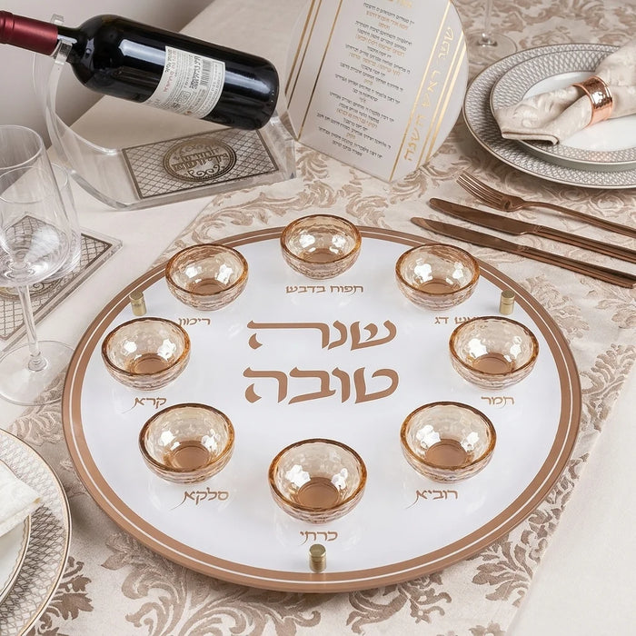 צלחת לסימני ראש השנה זכוכית וקריסטל 40 ס"מ - שקוף וזהב