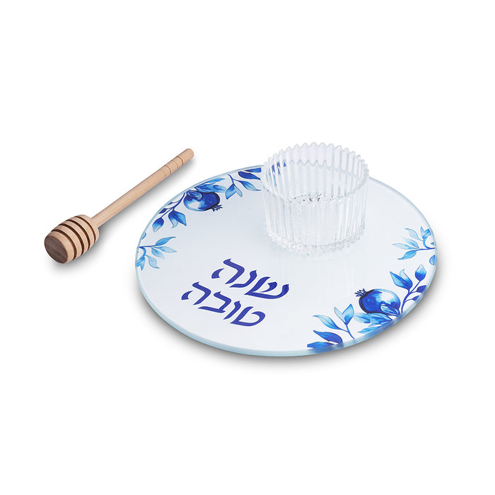 סט להגשת תפוח בדבש זכוכית בלתי שבירה 19 ס"מ - כחול