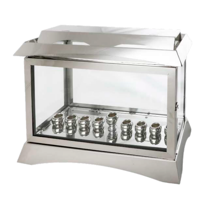 בית חנוכייה מהודר ממתכת וזכוכית בשילוב פמוטים - גוון כסף