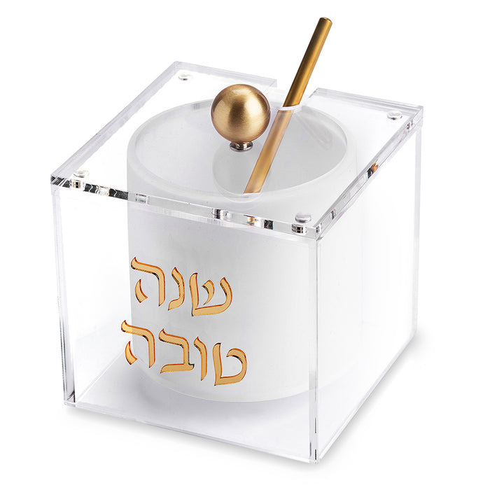 כלי לדבש אקריליק מרובע בעיצוב מודרני וגימור זהב (9.5 ס"מ)