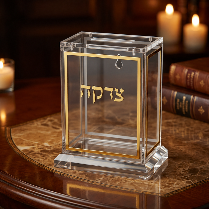 קופת צדקה אקריליק שקוף זהב 13 ס"מ
