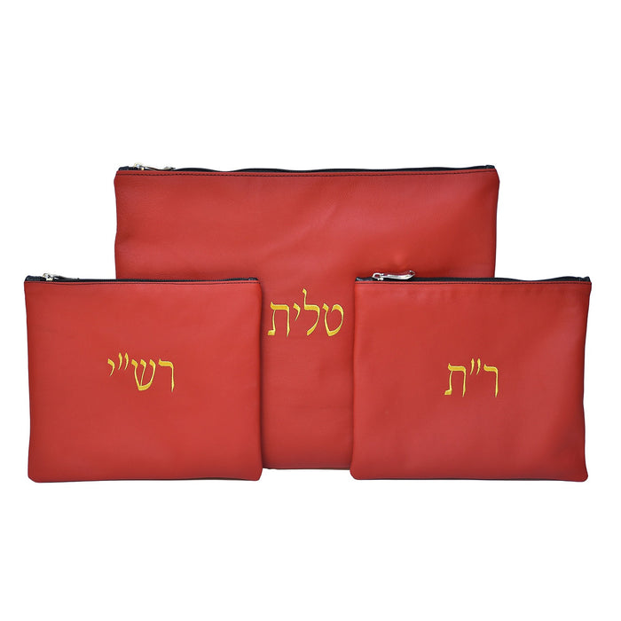 סט תיק לטלית ותפילין רש”י ור”ת עור אמיתי, צבע אדום קלאסי