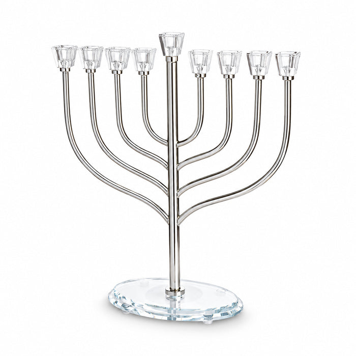 חנוכיה "אור הזהב" מתכת כסף עם קנים ובסיס קריסטל 42סמ