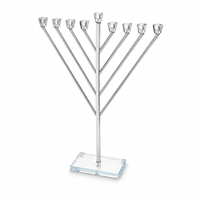 חנוכיה "אור הזהב" מתכת כסף עם קנים ובסיס קריסטל 32 ס"מ