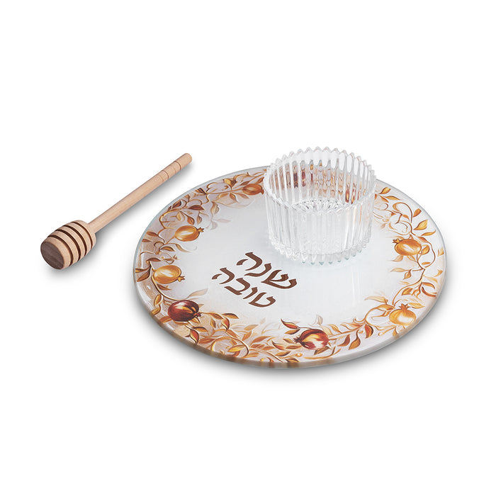 סט להגשת תפוח בדבש זכוכית בלתי שבירה 19 ס"מ - רימונים
