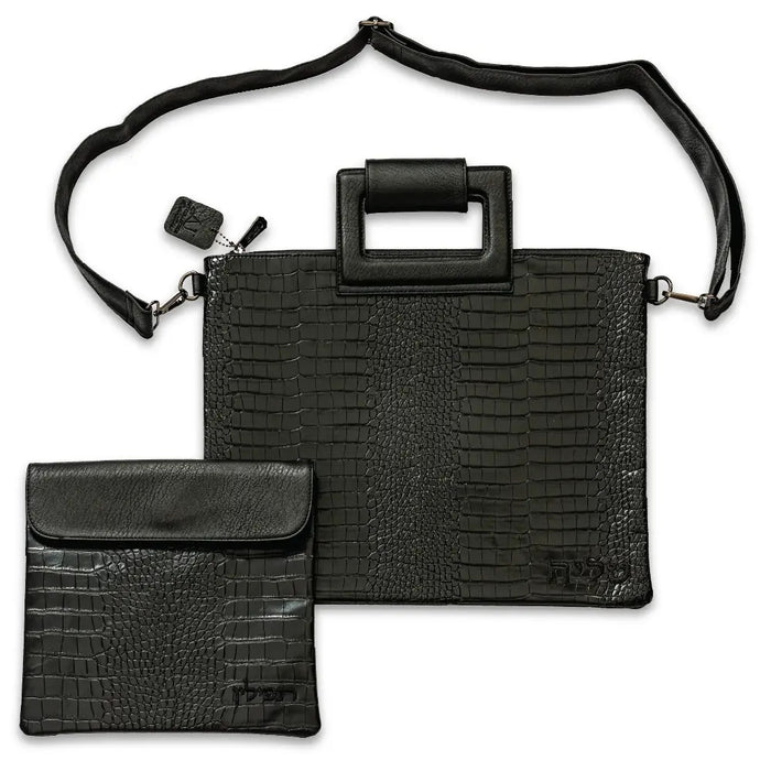 תיק טלית תפילין מהודר דמוי עור שחור עם ריקמה 39X31 ס"מ