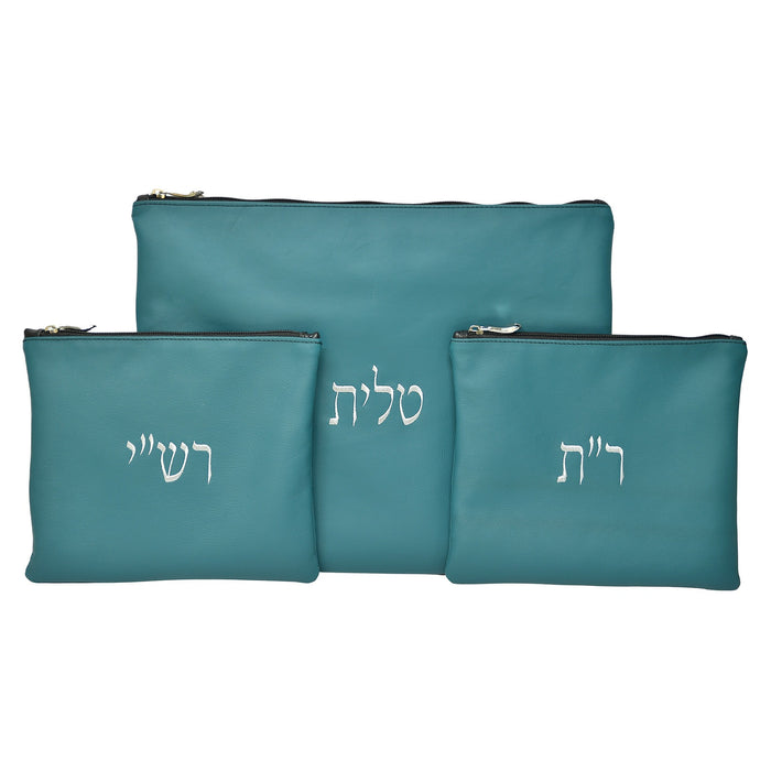 סט תיק לטלית ותפילין רש”י ור”ת עור אמיתי, צבע טורקיז מעושן
