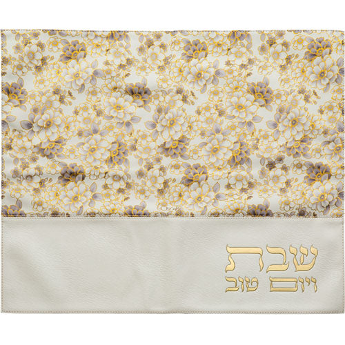כיסוי חלה מהודר דמוי עור לבן – פרחים אפורים (45x55 ס"מ)