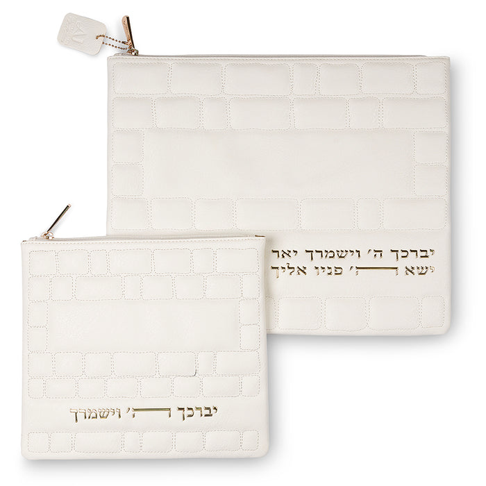 סט טלית תפילין פיו כותל לבן אותיות בולטות זהב