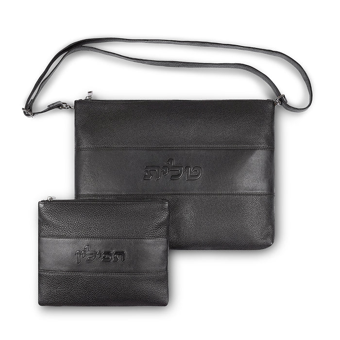 סט טלית תפילין עור מהודר 29x38 ס"מ - שחור