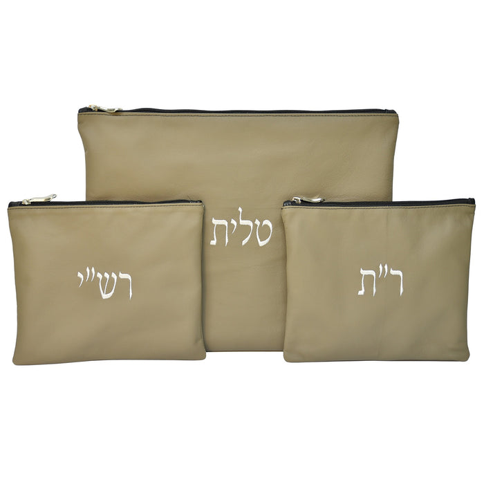 סט תיק לטלית ותפילין רש”י ור”ת עור אמיתי, צבע חאקי זית בהיר