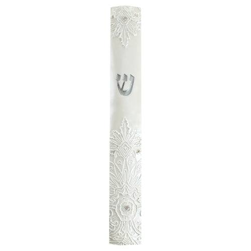 בית מזוזה בגוון לבן פנינה מפולירייזן 15 ס"מ עיצוב "פרחים" משובצת אבנים עם פקק סיליקון