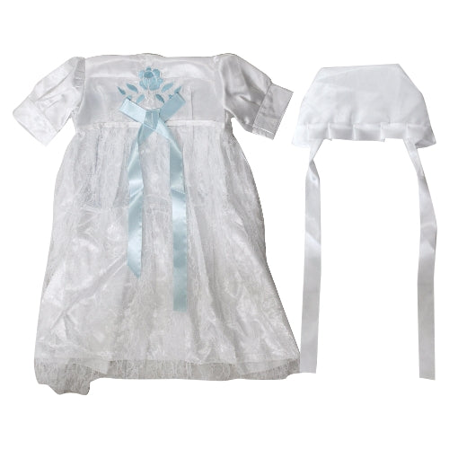 שמלה לבנה מהודרת לברית עם רקמה וסרטים בצבע כחול