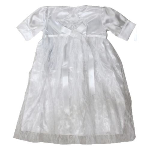 שמלה לבנה מהודרת לברית מסטן עם רקמה וסרטים בצבע לבן + כובע 52 ס"מ