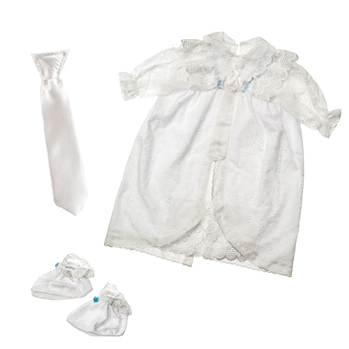 שמלה לבנה מהודרת לתינוק לברית עם דנטלים, ריקמה ועניבה