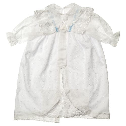 שמלה לבנה מהודרת לתינוק לברית עם דנטלים, ריקמה ועניבה